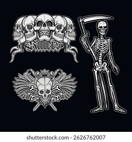 set, skull, grunge vintage design t shirts