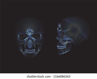 Set of Skull head with electric blue lines graphic design 
