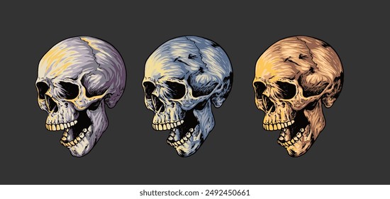 set of skull head hand drawing illustration, different colors, this illustration can be used for logo, badge, t-shirt design, sticker and other merchandise