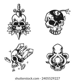set of skull head hand drawn vector