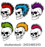 set skull head punk hair icon. rocker skull mohawk design vector illustration	
