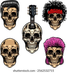 Set of Skull Head World Rock Day in Vector Cartoon Illustration