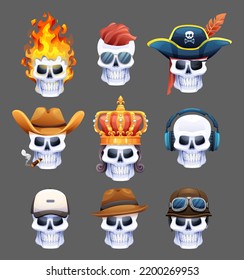 Set of skull heads in various characters. Skulls cartoon illustration