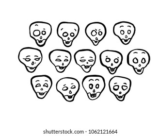 Set of skull heads with various emotions. Halloween vector icons