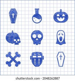 Set Skull, Hockey mask, Coffin with christian cross, Funny and scary ghost for Halloween, Crossed bones, Pumpkin skull,  and  icon. Vector