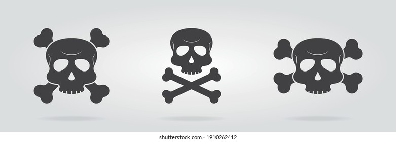 Satz Schädelsymbol mit Kreuzknochen. Gefahrensymbol von Skelett auf grauem Hintergrund. Knochensymbol kreuzen. Vektorgrafik