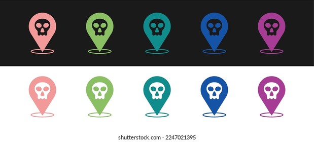 Set Skull icon isolated on black and white background. Happy Halloween party.  Vector
