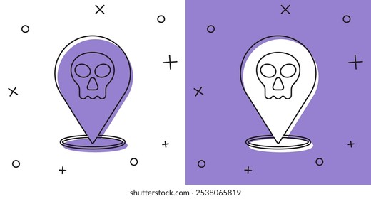 Conjunto de icono de cráneo aislado sobre fondo blanco y púrpura. Feliz Halloween.  Vector