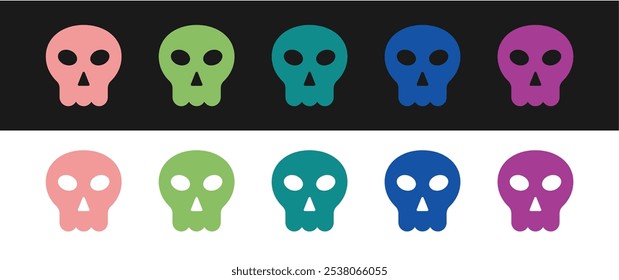 Set Skull icon isolated on black and white background. Happy Halloween party.  Vector