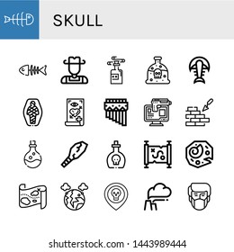 Set of skull icons such as Fishbone, Fish bone, Cowboy, Poison, Fossil, Mummy, Tattoo, Zampona, Online robbery, Brickwall, Weapon, Treasure map, Pollution, Skull , skull