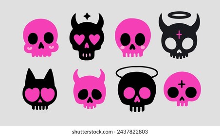 Set of skull illustrations in black and pink for transfer tattoos and stickers.