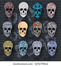 Set skull for the illustrations concept on day of the dead. Vector template colorful abstract decorative ornament design 