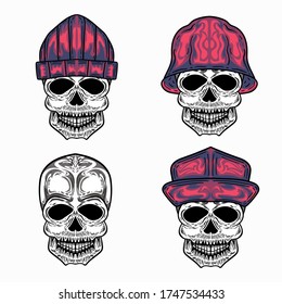 
set of skull illustrations wearing a hat. suitable for clothes, jackets and others