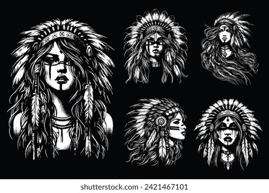 Set Skull Indian Apache Girl mit traditioneller Hut Grunge Vintage Style handgezeichnete Illustration Schwarz-Weiß