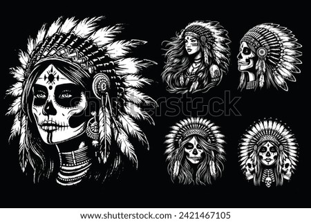 Set Skull Indian Apache Girl with Traditional Hat Grunge Vintage Style Hand Drawn Illustration Black and White