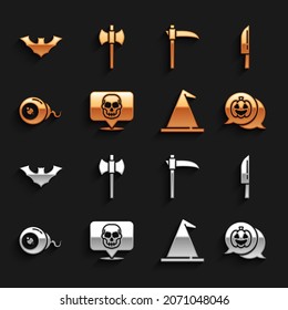 Set Skull, Knife, Pumpkin, Witch hat, Eye, Scythe, Flying bat and Wooden axe icon. Vector