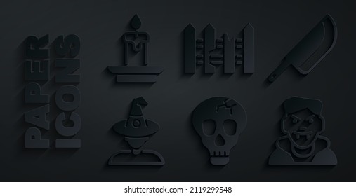 Set Skull, Knife, Witch, Vampire, Garden fence wooden and Burning candle icon. Vector