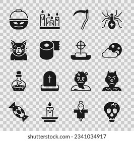 Set Skull, Krampus, heck, Moon and stars, Scythe, Toilet paper roll, Cat, Pumpkin basket for sweets and Tombstone with cross icon. Vector