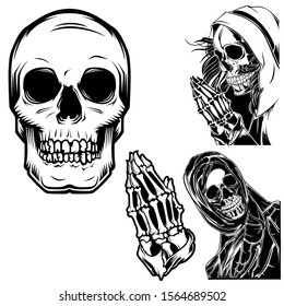 Set of skull line art vector. Head and praying hand illustration. Shirt design concept. Vintage ideas. Eps 10