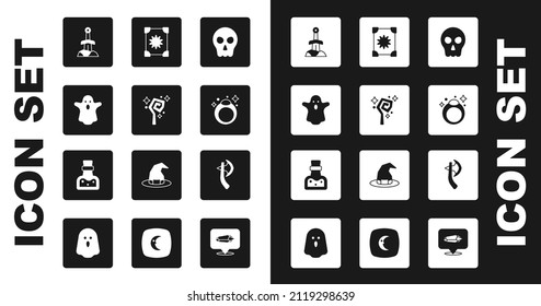 Set Skull, Magic staff, Ghost, Sword in the stone, ring, Ancient magic book, Wooden axe and Bottle with potion icon. Vector