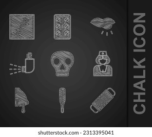 Set Skull, Medical thermometer, protective mask, Nurse, Runny nose, Inhaler, Herpes lip and Scar with suture icon. Vector