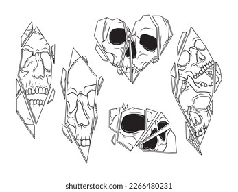 Set of skull mirrors. Collection of reflections of a human skull throat shattered glass. Gothic design. Halloween. Vector illustration for printing on clothes.