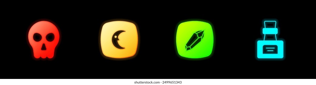 Conjunto Cráneo, Luna y estrellas, Piedra mágica y Botella con icono de poción. Vector