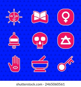 Set Skull, Mortar and pestle, Old key, Air element, Hamsa hand, Ringing alarm bell, Venus and Sun icon. Vector