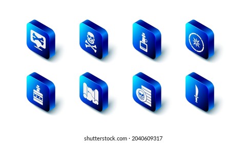 Poner el cráneo en los huesos cruzados, la bebida alcohólica Rum, la brújula, la espada pirata, la moneda, el mapa del tesoro y el icono del pirata de localización. Vector