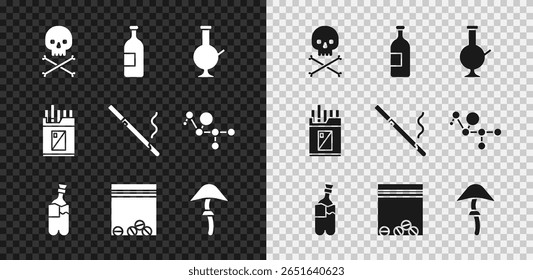 Conjunto de calavera en huesos cruzados, botella de bebida alcohólica, bong de vidrio para fumar marihuana, bong, bolsa de plástico de la droga, seta de psilocibina, caja de paquete de cigarrillos abierta e icono de cigarrillo. Vector