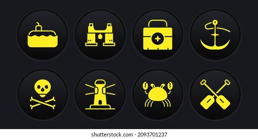 Set Skull on crossbones, Anchor, Lighthouse, Crab, First aid kit, Binoculars, Paddle and Submarine icon. Vector