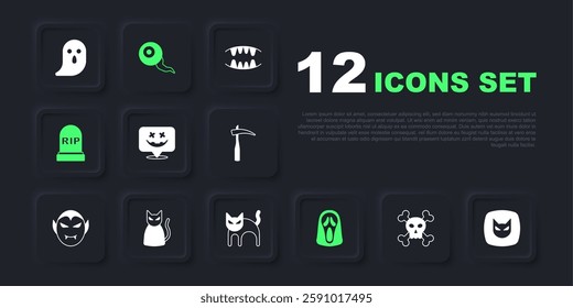 Set Skull on crossbones, Black cat, Happy Halloween holiday, Funny and scary ghost mask, Tombstone with RIP written, Eye and  icon. Vector