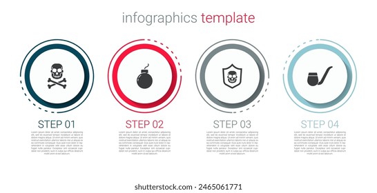 Coloca la Calavera en las tibias cruzadas, Bomba lista para explotar, Escudo con calavera pirata y pipa de fumar. Plantilla de infografía de negocios. Vector