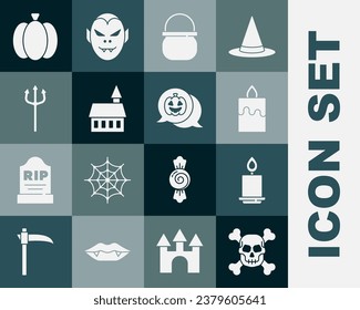 Ponga el cráneo en los huesos cruzados, vela quemante, caldero de brujas de Halloween, castillo, tridente de Neptuno, calabaza e ícono. Vector