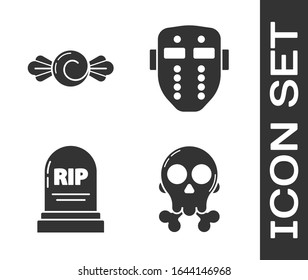 Set Skull on crossbones , Candy , Tombstone with RIP and Hockey mask  icon. Vector