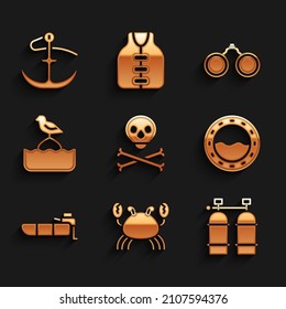 Set Skull on crossbones, Crab, Aqualung, Ship porthole, Inflatable boat with motor, Seagull sits buoy, Binoculars and Anchor icon. Vector