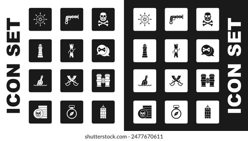 Set Skull on crossbones, Decree, parchment, scroll, Lighthouse, Ship steering wheel, Location pirate, Vintage pistols, Binoculars and Bottle with message water icon. Vector