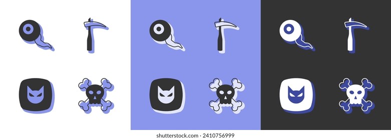 Set Skull on crossbones, Eye, Black cat and Scythe icon. Vector
