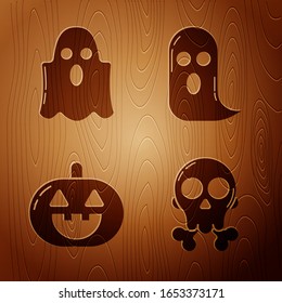 Ponga el cráneo sobre los huesos cruzados , el fantasma , la calabaza y el fantasma sobre fondo de madera. Vector
