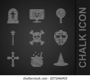 Set Skull on crossbones, Halloween witch cauldron, Witch hat, Hockey mask, Tombstone with, Magic wand, Lollipop and  icon. Vector