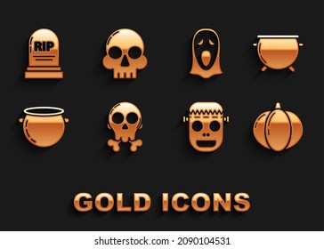 Set Skull on crossbones, Halloween witch cauldron, Pumpkin, Zombie mask, Funny and scary ghost for, Tombstone with RIP and  icon. Vector