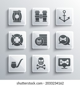 Set Skull on crossbones, Location pirate, Pirate coin, Smoking pipe, Lifebuoy, Gun powder barrel and Anchor icon. Vector