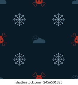 Set Skull on crossbones, Moon and stars and Spider web on seamless pattern. Vector