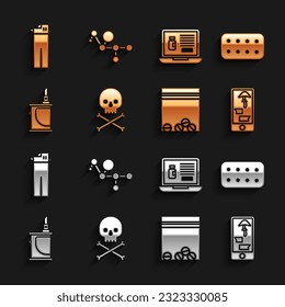 Set Skull on crossbones, Pills in blister pack, Buying drugs online phone, Plastic bag of, Electronic cigarette, laptop, Lighter and Cannabis molecule icon. Vector