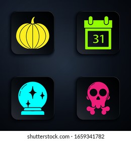Set Skull on crossbones , Pumpkin , Magic ball  and Calendar with Halloween date 31 october . Black square button. Vector