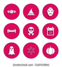 Set Skull on crossbones, Spider web, Pumpkin, Calendar with Halloween date 31 october, Ghost, Vampire teeth,  and Candy icon. Vector