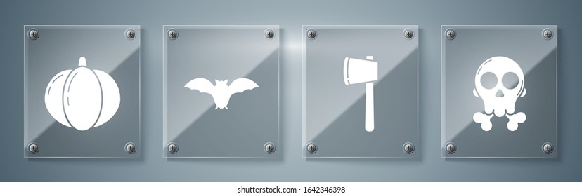 Set Skull on crossbones , Wooden axe , Flying bat  and Pumpkin . Square glass panels. Vector