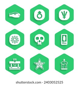 Set Skull, Pentagram, Burning candle, Tarot cards, Bottle with potion, circle, Neptune planet and Snake icon. Vector