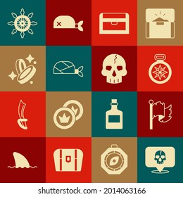 Setze Schädel, Piratenflagge, Kompass, antike Schatztruhe, Bandana für Kopf, Münze, Schiff-Lenkrad und Symbol. Vektorgrafik