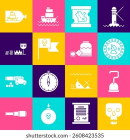 Set Skull, Pirate hook, coin, treasure map, flag with skull, Treasure and riches, Bottle ship inside and game dice icon. Vector